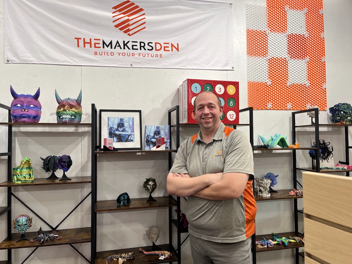 Phil Sexton, owner of The Maker’s Den, stands near some of the ready-made 3D-printed products available in his shop. Photos by Robin Silverman