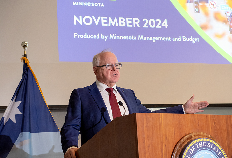 Gov. Tim Walz at Wednesday’s press conference: “As you can see, Minnesota continues to be in a strong place.” MinnPost photo by Tom Olmscheid