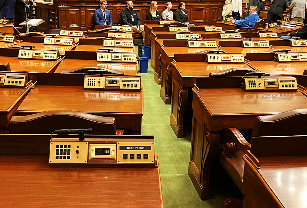 State Rep. Brad Tabke’s desk, lower left, in the Minnesota House chamber. MinnPost photo by Peter Callaghan