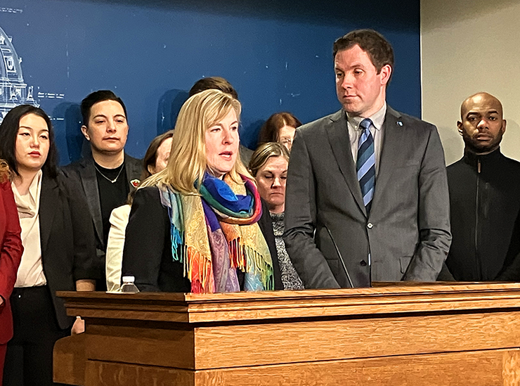 DFL House Speaker-designate Melissa Hortman, left, said her members would be doing things such as meeting with constituents, preparing legislation, making appearances. They just wouldn’t show up in the House chambers. Credit: MinnPost photo by Peter Callaghan