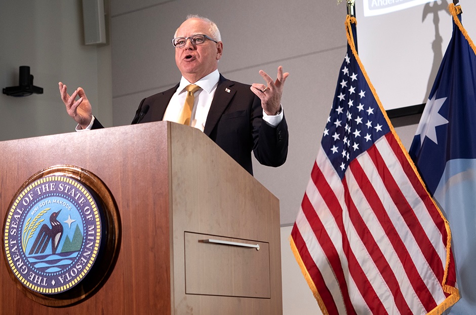 Gov. Tim Walz on Thursday proposed a budget outline for the next two years that includes moves to cap the growth in some of the state’s fastest growing areas and to offer what he termed the first sales tax cut in history. Credit: MinnPost photo by Tom Olmscheid