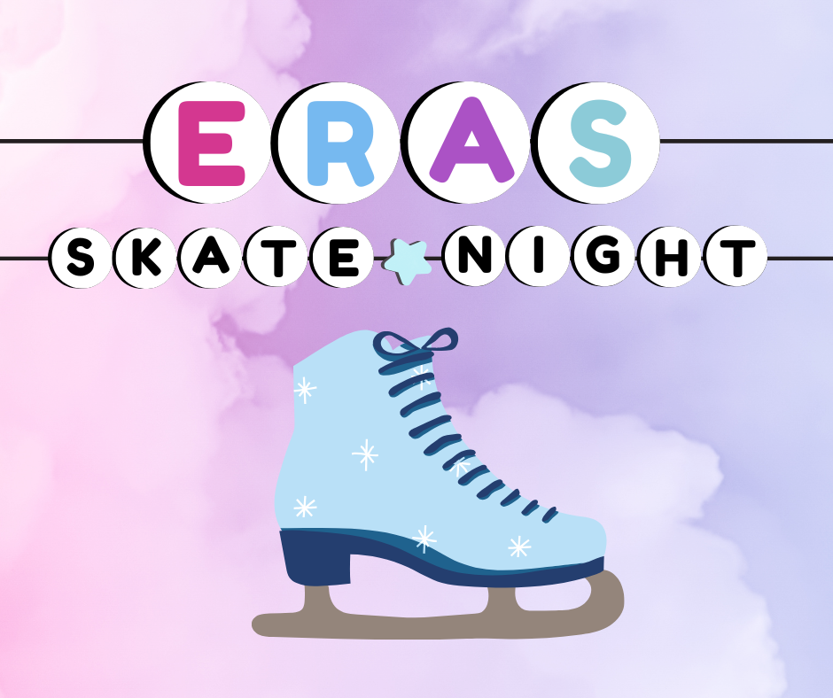 A graphic for ERAS skate night featuring a drawing of a light blue ice skate