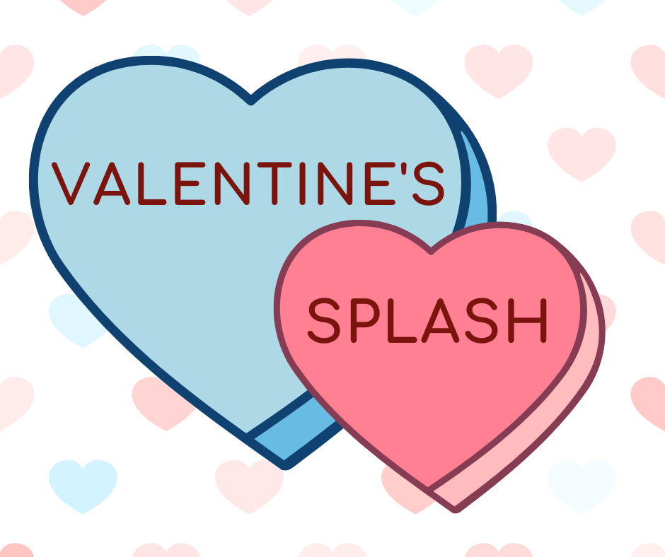 A graphic for Valentine's Splash featuring a blue and red heart overlapping
