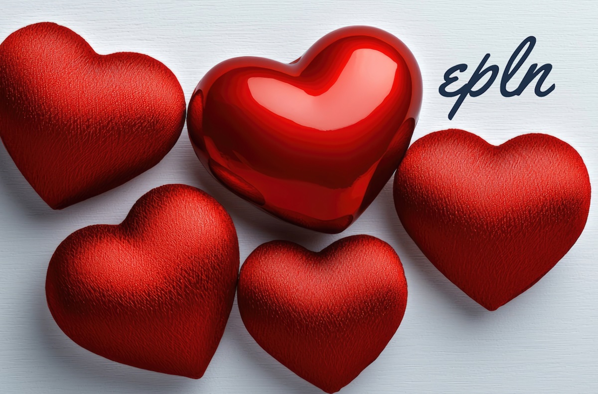 Five Valentine's Day hearts with the EPLN logo