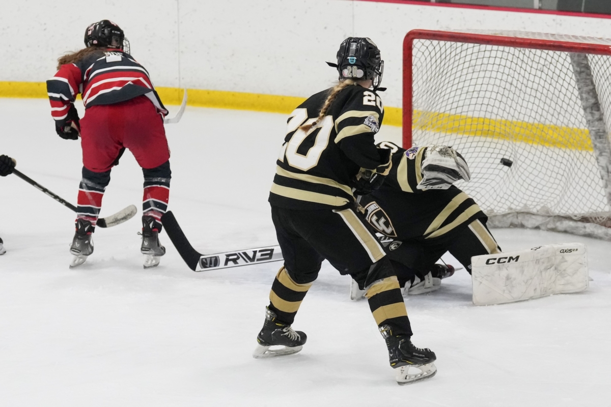 Ava Moe, left, lifts a backhanded shot into the net to give Eden Prairie a 3-2 lead in the third period of Friday’s Section 2AA quarterfinal. It was her second goal of the game.