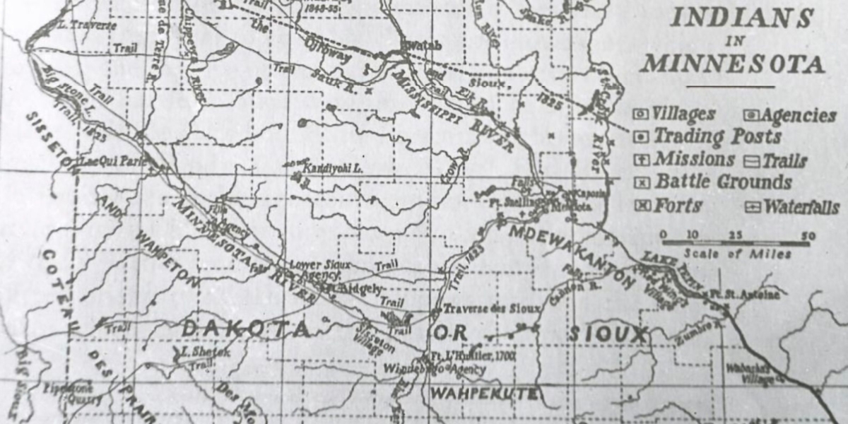 Efforts are underway to research and document the Indigenous peoples of the Eden Prairie area. Above, a Hennepin History Museum map shows the locations of Native American tribes and other significant landmarks in Minnesota’s history.