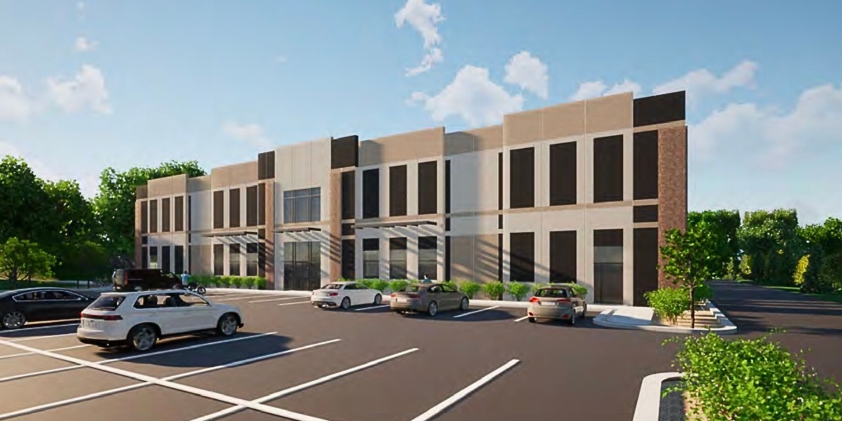 An architectural rendering shows how the proposed Highway 5 Business Center’s main entrance would appear from the west, according to Endeavor Development, which prepared the design for the city review process.