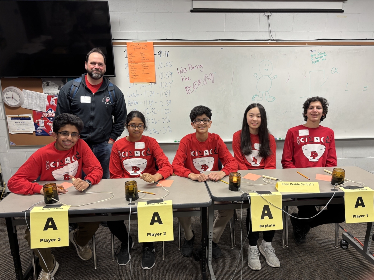 CMS Science Quiz Bowl Team 1 (L-R) Om Gautum, Lakshmi Satuluri, Rishabh Nanavati, Sarah Zhou, Arav Ockenga. Standing: team coach Bill Prem. Contributed photo
