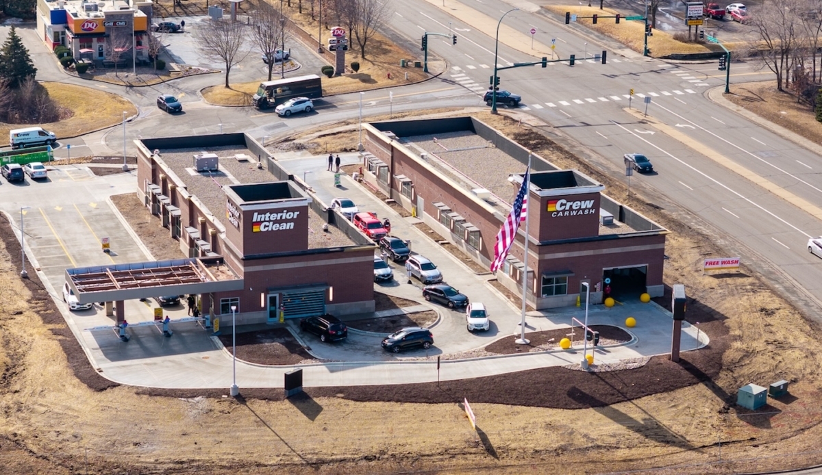 An aerial view shows cars lined up at the newly opened Crew Carwash in Eden Prairie during its first week of business.
