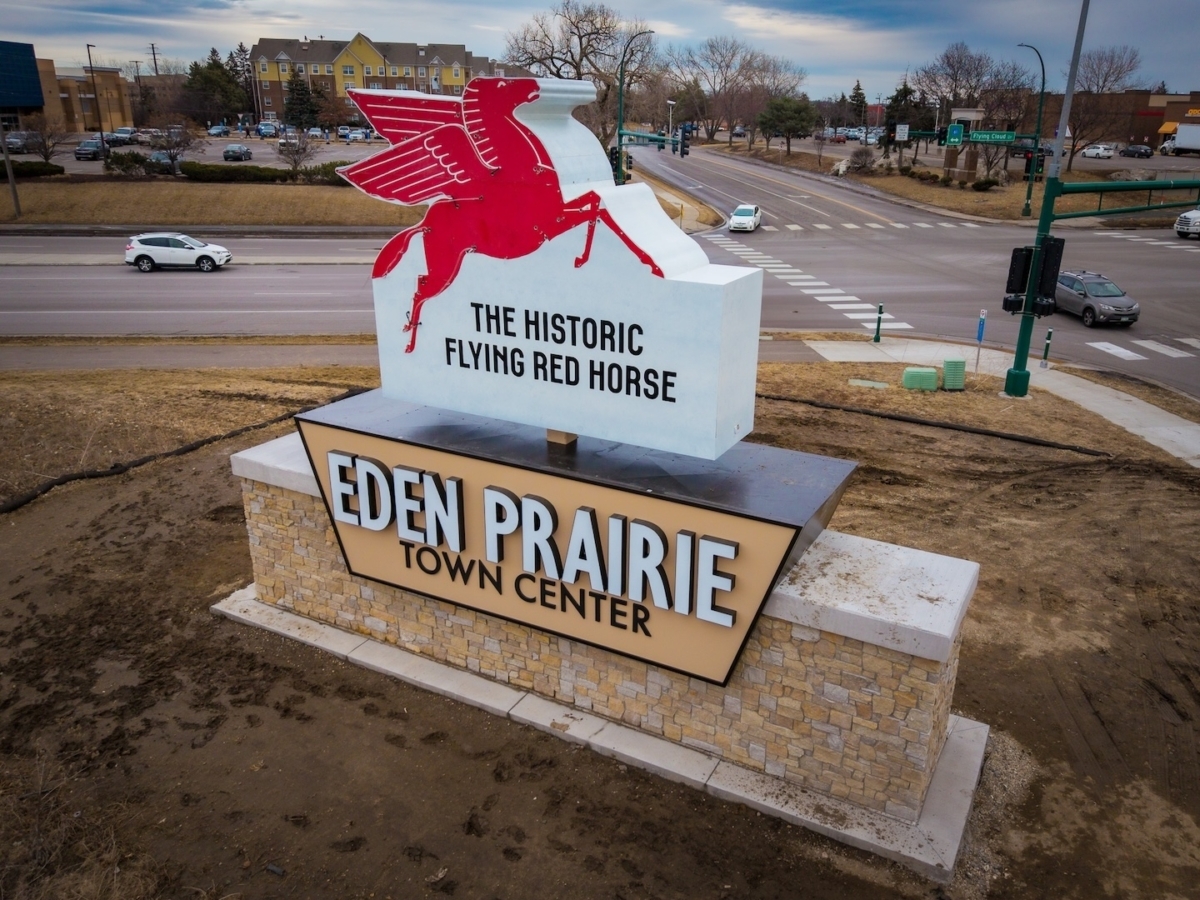 The restored Flying Red Horse sign stands at its new location near Flying Cloud Drive and Town Center Place on Monday, Feb. 24.