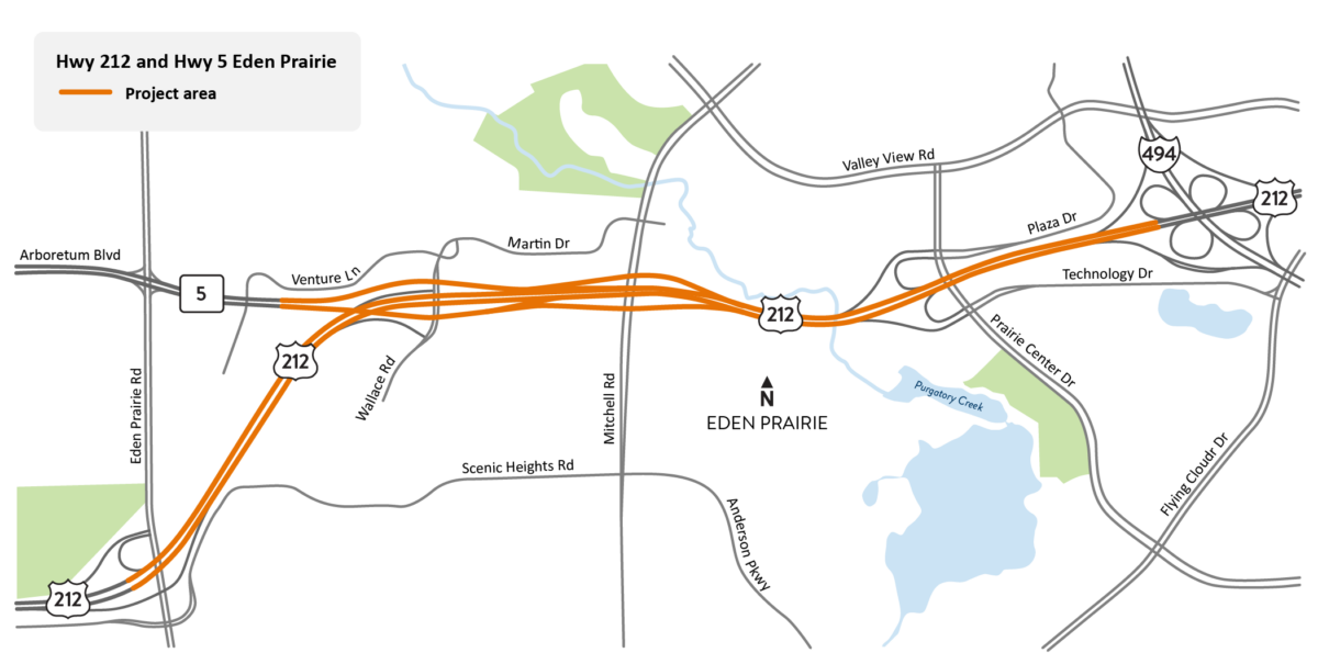 Minnesota Department of Transportation map of Highway 212 and Highway 5 project in Eden Prairie