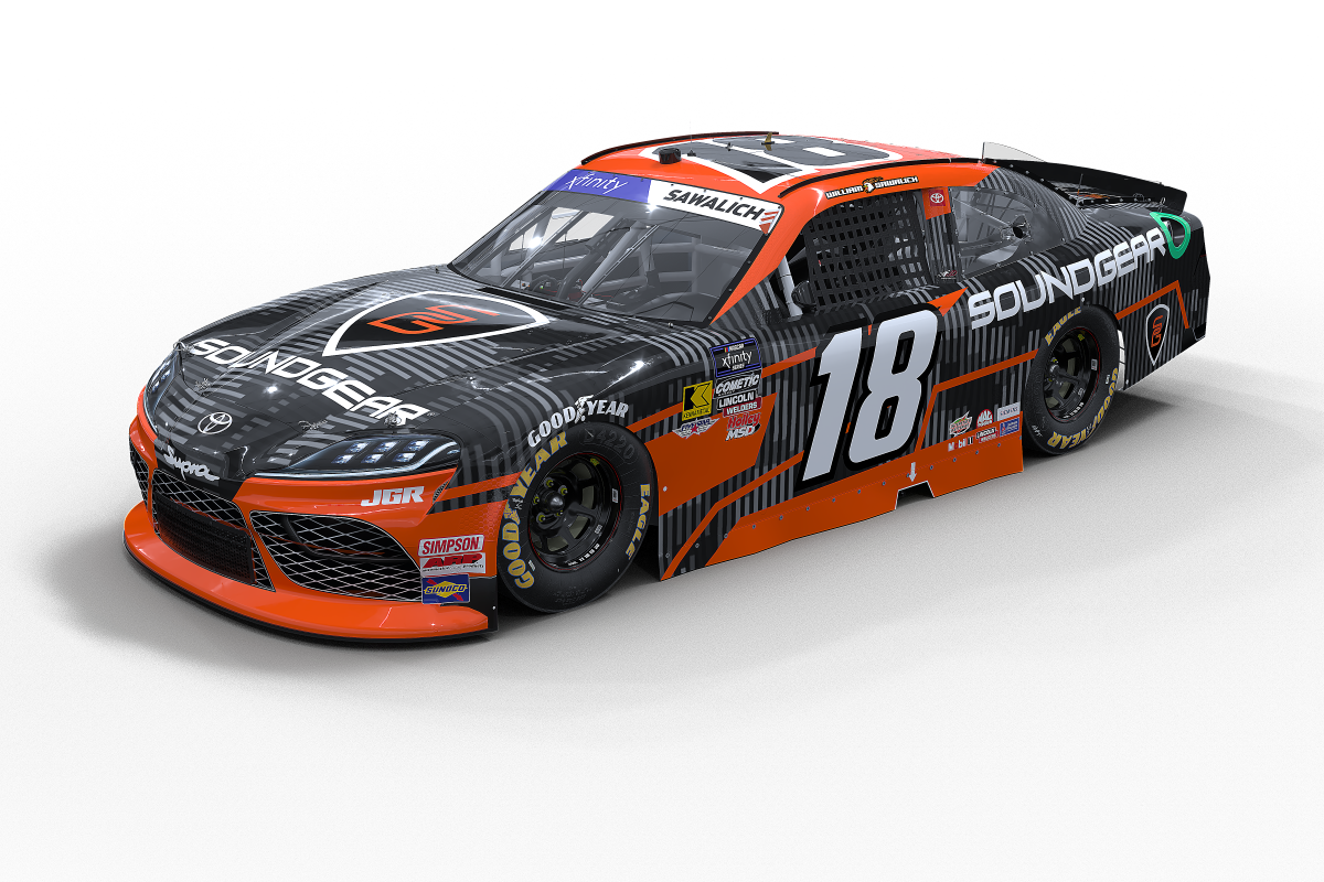 Sawalich red and black race car with white number 18 and SoundGear branding