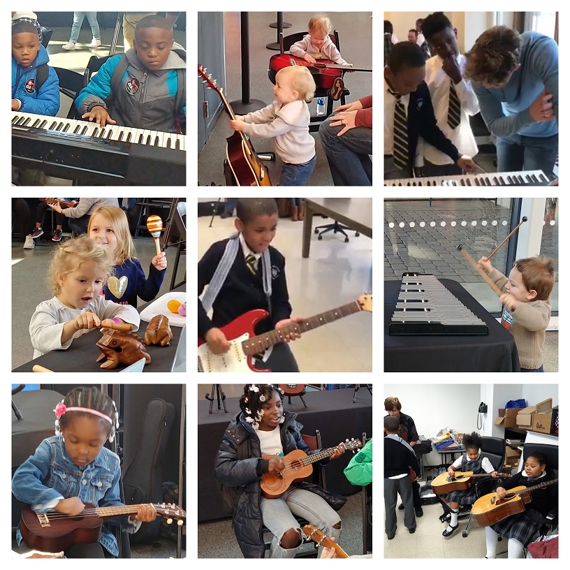 collage image of children of various ages playing musical instruments