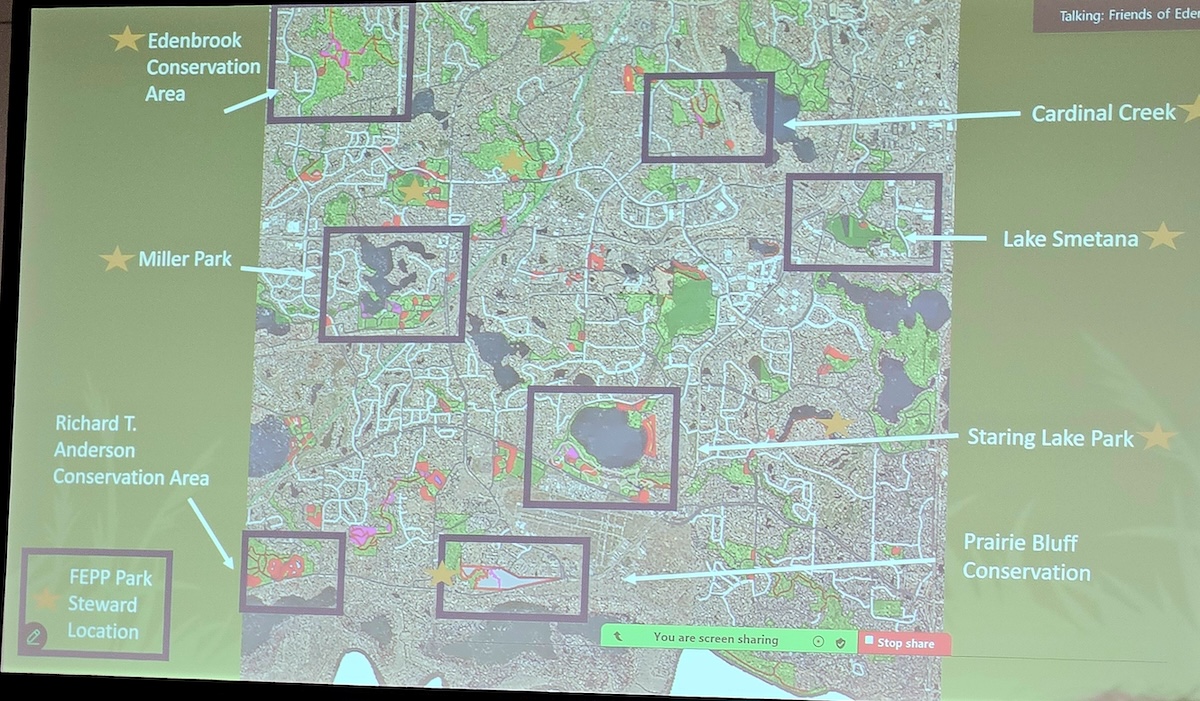 A map presented at the annual meeting shows some of the locations in Eden Prairie with park stewards. Photo Brad Canham 