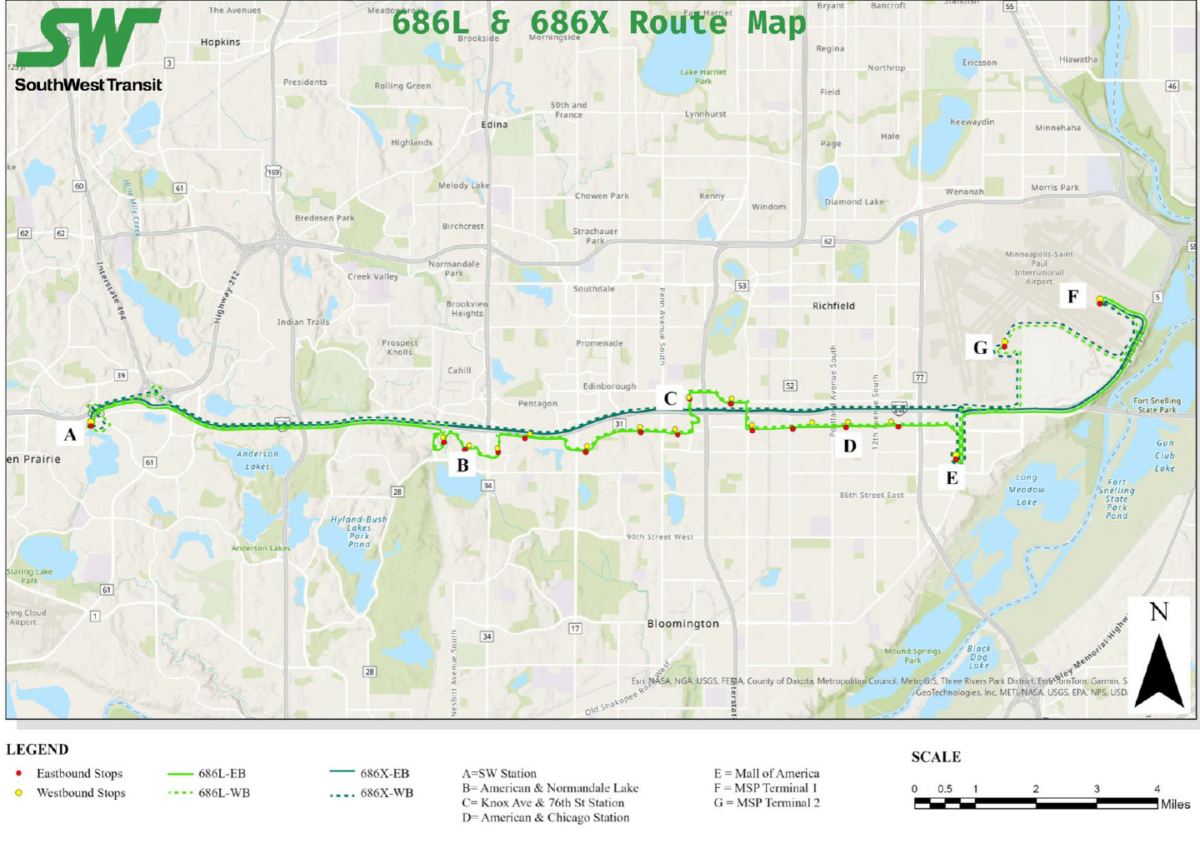 map showing bus route between Eden Prairie and MSP Airport