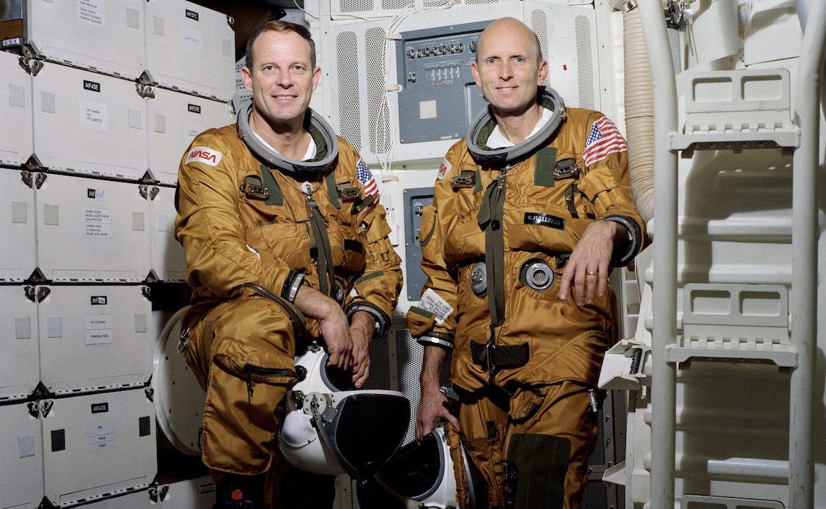 Astronauts Jack Lousma, left, and Gordon Fullerton aboard the Space Shuttle Columbia during the STS-3 mission in March 1982.