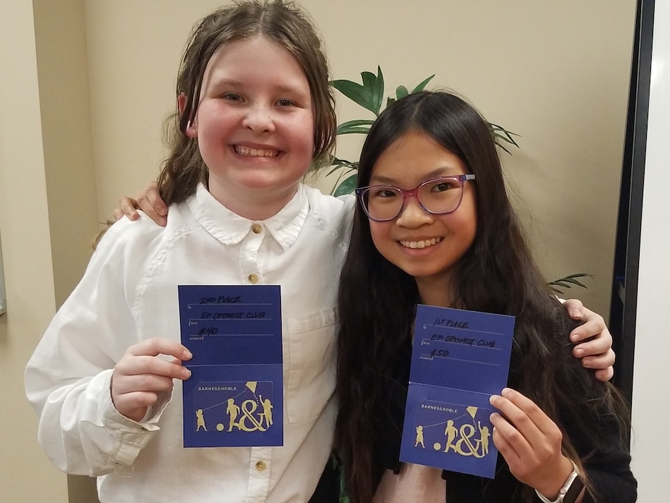 Second-place winner Maeve Atkinson, left, and first-place winner Sophia Liu display their certificates and Barnes & Noble gift cards after the 2023 Eden Prairie Optimist Club Oratorical Contest. The club is preparing for its 2025 competition. Photo courtesy of the Eden Prairie Optimist Club