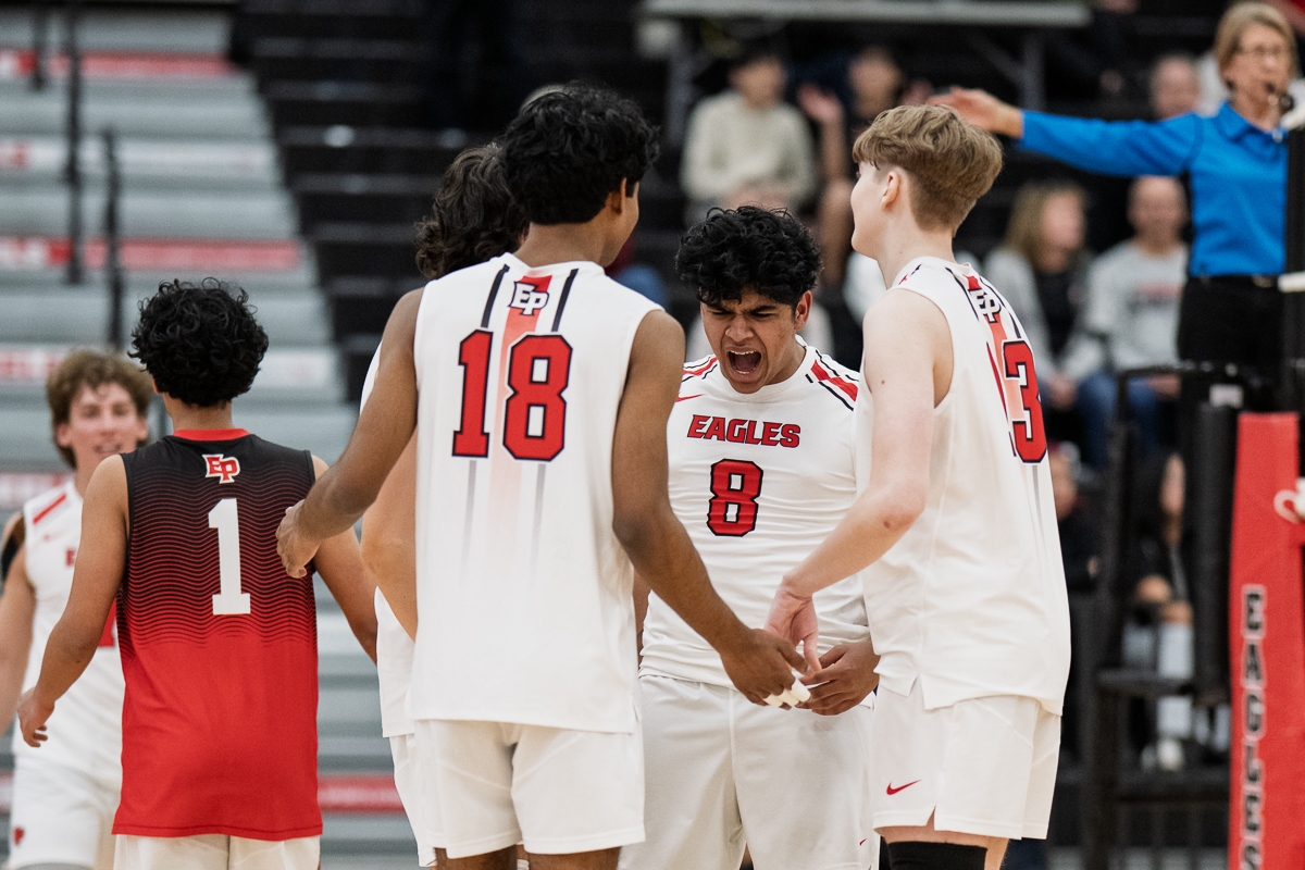 Eden Prairie HS Junior Shaurya Gumma celebrating a kill vs Shakopee on April 9, 2025