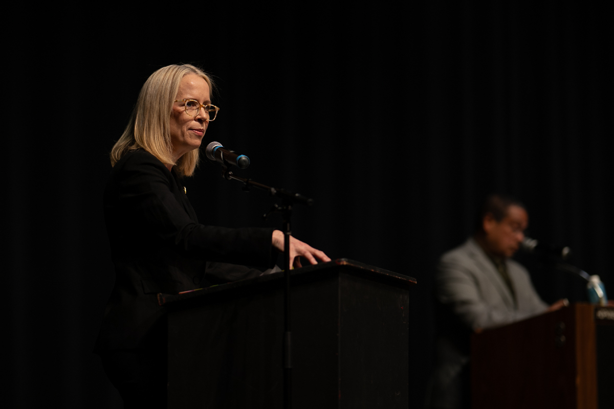 U.S. Rep. Kelly Morrison speaks during a town hall Wednesday, April 16, at Hopkins High School, with Minnesota Attorney General Keith Ellison at right.