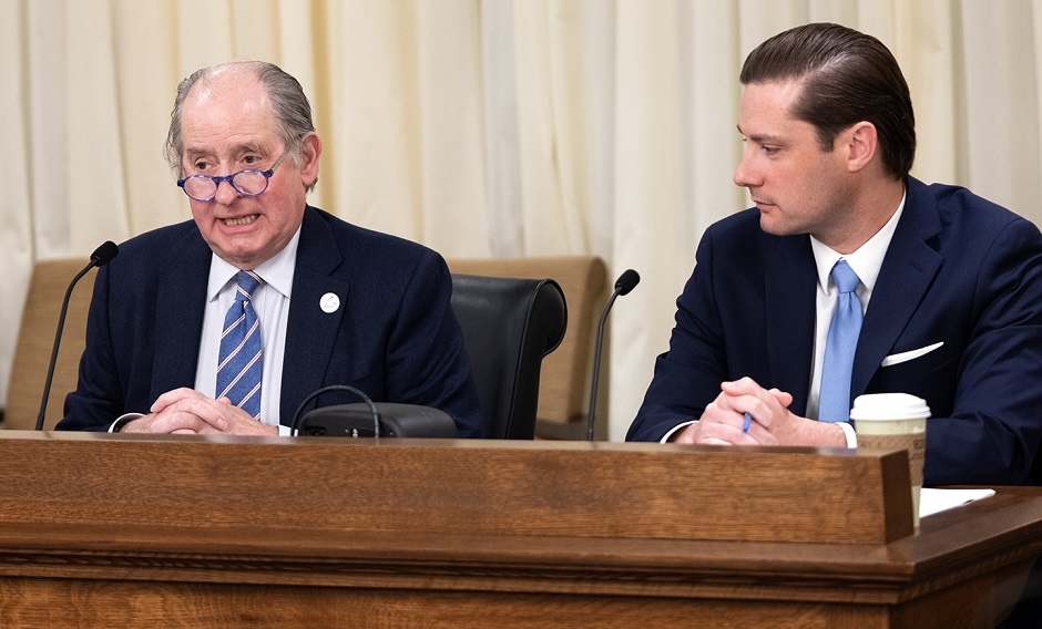 Metropolitan Council Chair Charlie Zelle, left, and Ryan O'Connor, the agency's regional administrator, speak to state lawmakers on Monday, April 7, in St. Paul. MinnPost photo by Tom Olmsheid