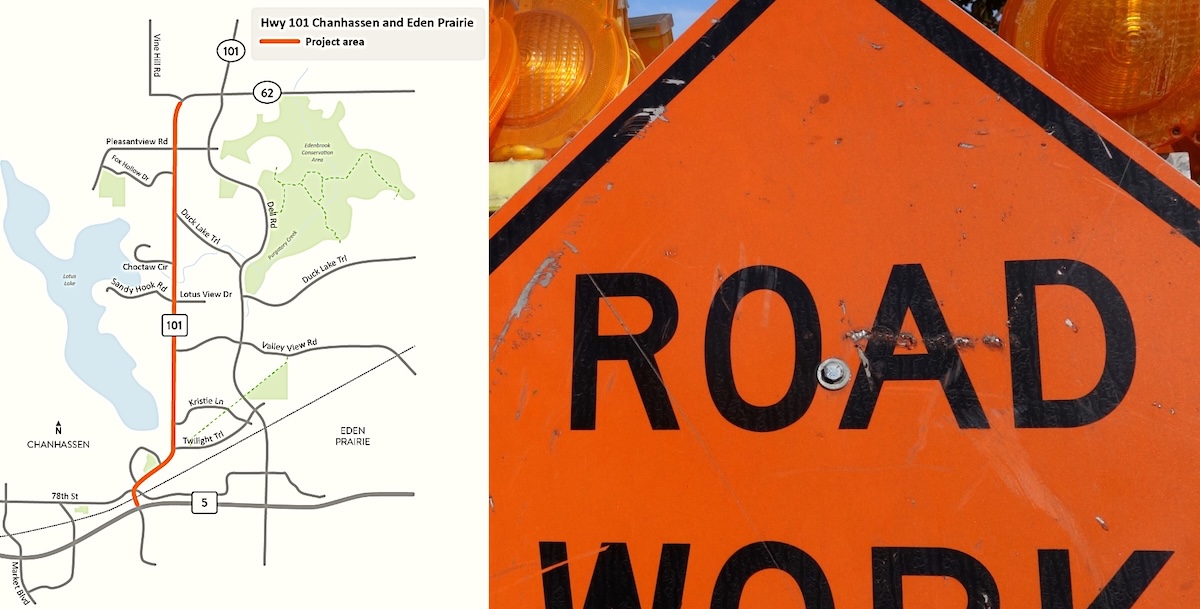 A Minnesota Department of Transportation map shows the Highway 101 construction zone between Highway 5 in Chanhassen and County Road 62/Townline Road in Eden Prairie. The project includes resurfacing, trail reconstruction, pedestrian safety upgrades, and drainage improvements. Work is expected to continue through June. Source: MnDOT map/Adobe Stock

