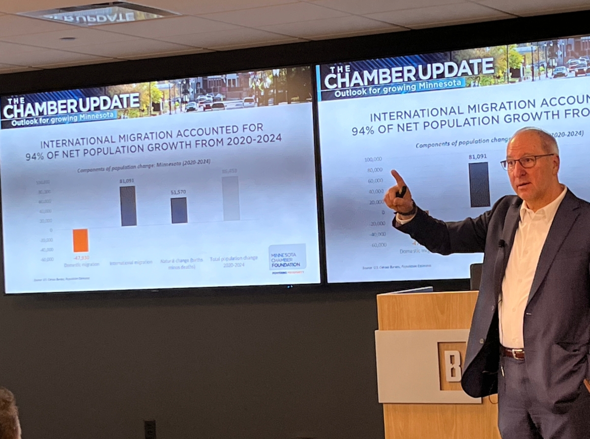 man in suit points in front of slides showing bar graphs on international migration into Minnesota 2020-2024