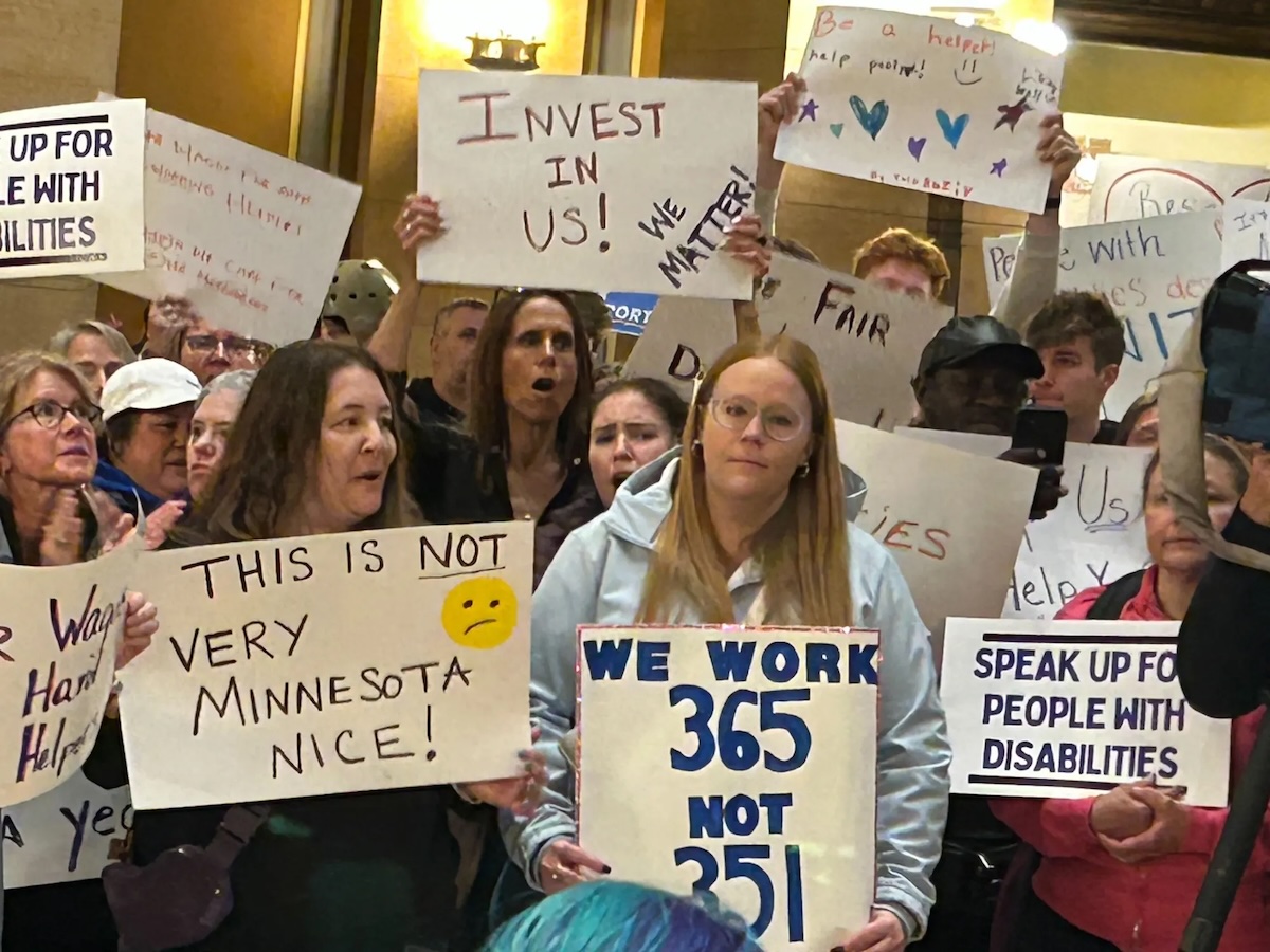 Advocates for people with disabilities rallied at the Capitol rotunda on Wednesday, May 21, 2025. A working group is meeting behind closed doors to put together a "budget roadmap" for health and human services spending. MinnPost photo by Matthew Blake