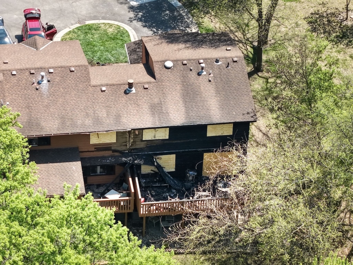An aerial view of the Eden Prairie townhouse damaged in the May 6 fire that displaced a couple and killed their dog.