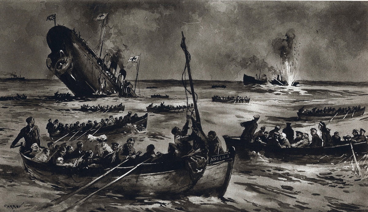 The British ocean liner Lusitania sinks off the coast of Ireland after being torpedoed by a German submarine on May 7, 1915. Artwork via Bridgeman Images/Reuters Connect. Artist unknown.