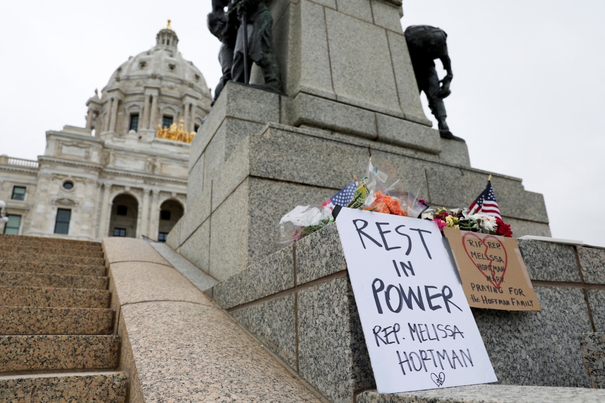 A small memorial for senior Democratic state assemblywoman Melissa Hortman and her husband Marc, who were fatally shot, is displayed outside the Minnesota State Capitol in St. Paul, Minnesota, U.S. June 14, 2025. REUTERS/Ellen Schmidt