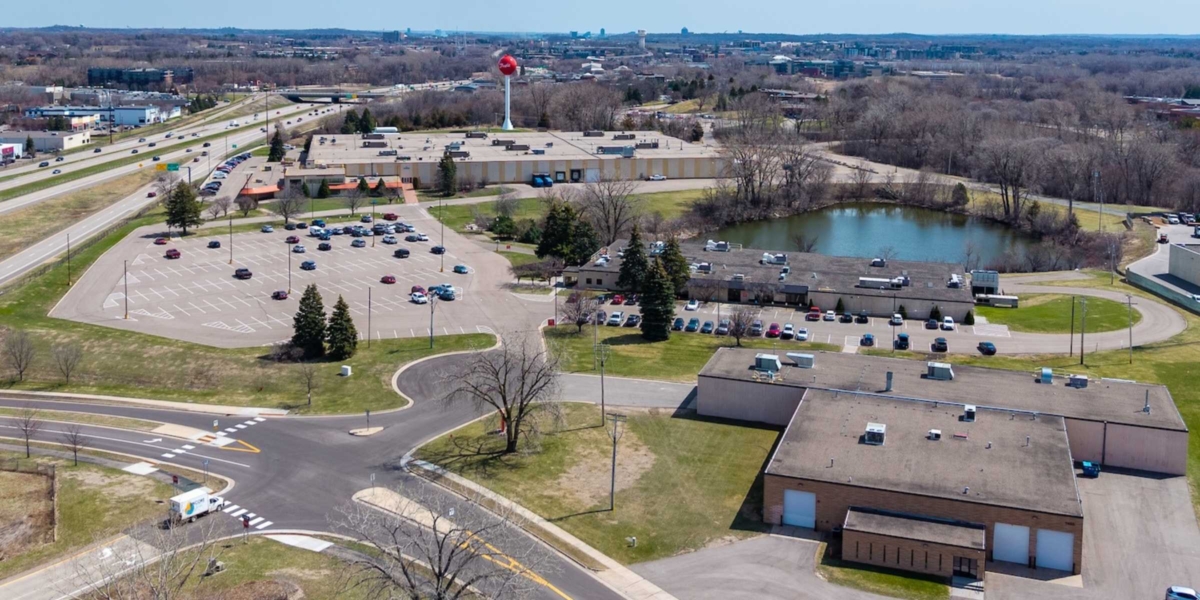 An aerial view of Danfoss’ campus in Eden Prairie, south of Highway 5 and west of Mitchell Road. Photo by Ben Hymans/Hytreks.Studio