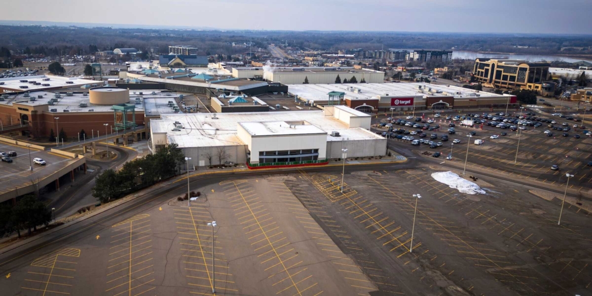 An aerial view of the vacant JCPenney site at Eden Prairie Center, where a redevelopment plan calls for adding apartments, retail, and possibly offices and a hotel. Photo by Ben Hymans/Hytreks.Studio