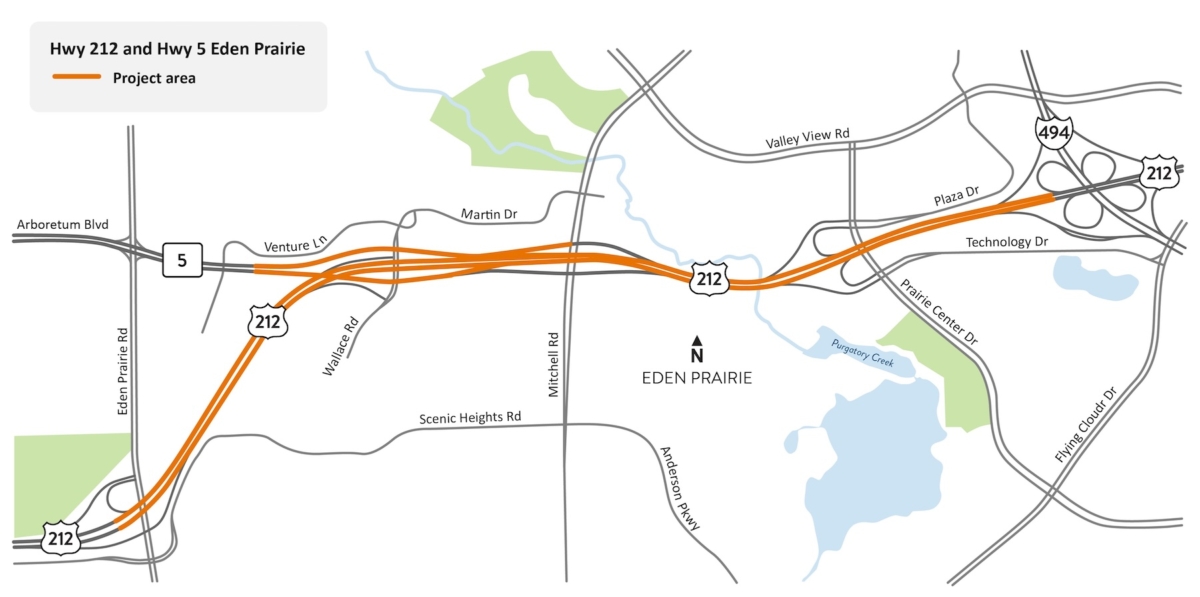 MnDOT map shows the summer 2025 project area on Highways 212 and 5 between Eden Prairie Road and I-494. Source: Minnesota Department of Transportation