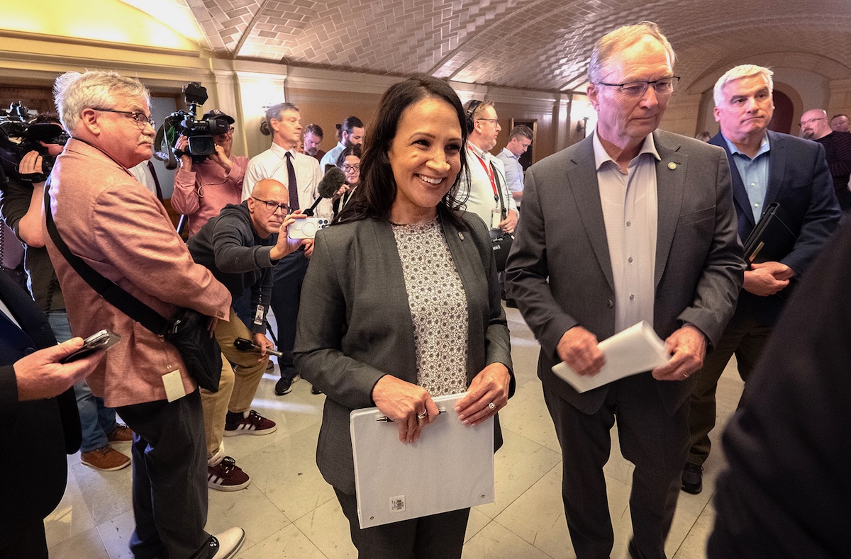 House Speaker Lisa Demuth, R-Cold Spring, and House Ways and Means chair Rep. Paul Torkelson, R-Hanska, prepared to enter closed budget talks with Gov. Tim Walz and legislative leaders at the State Capitol, Thursday, May 28, 2025. Republican lawmakers have had mixed reactions to President Trump's One Big Beautiful Bill Act. MinnPost file photo by Tom Olmscheid