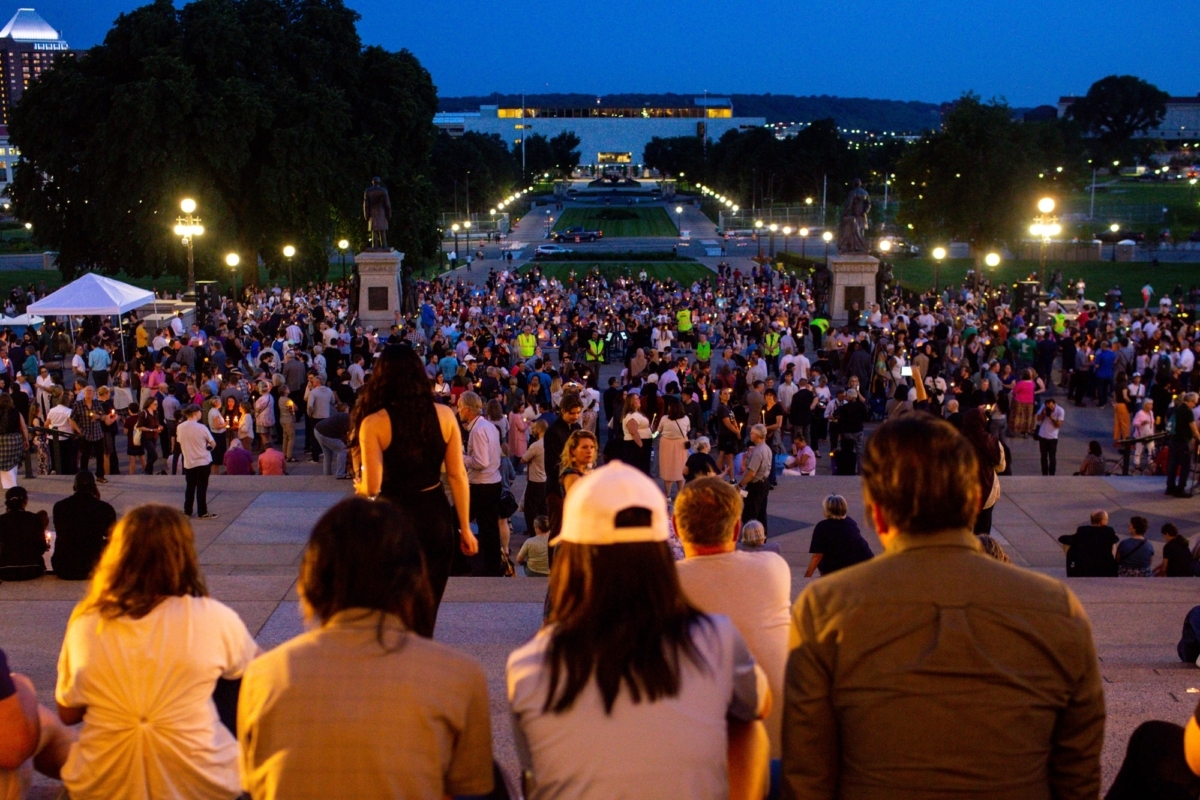 Hundreds gather for a vigil honoring Rep. Melissa Hortman and her husband Mark Hortman outside of the Minnesota State Capitol Wednesday, June 18, 2025 in St. Paul. (Photo by Nicole Neri for the Minnesota Reformer)