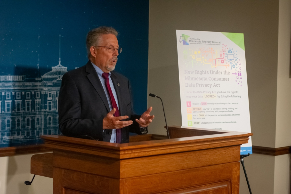 Rep. Steve Elkins, DFL-Bloomington, speaks about the Minnesota Consumer Data Privacy Act at a press conference on July 28, 2025.