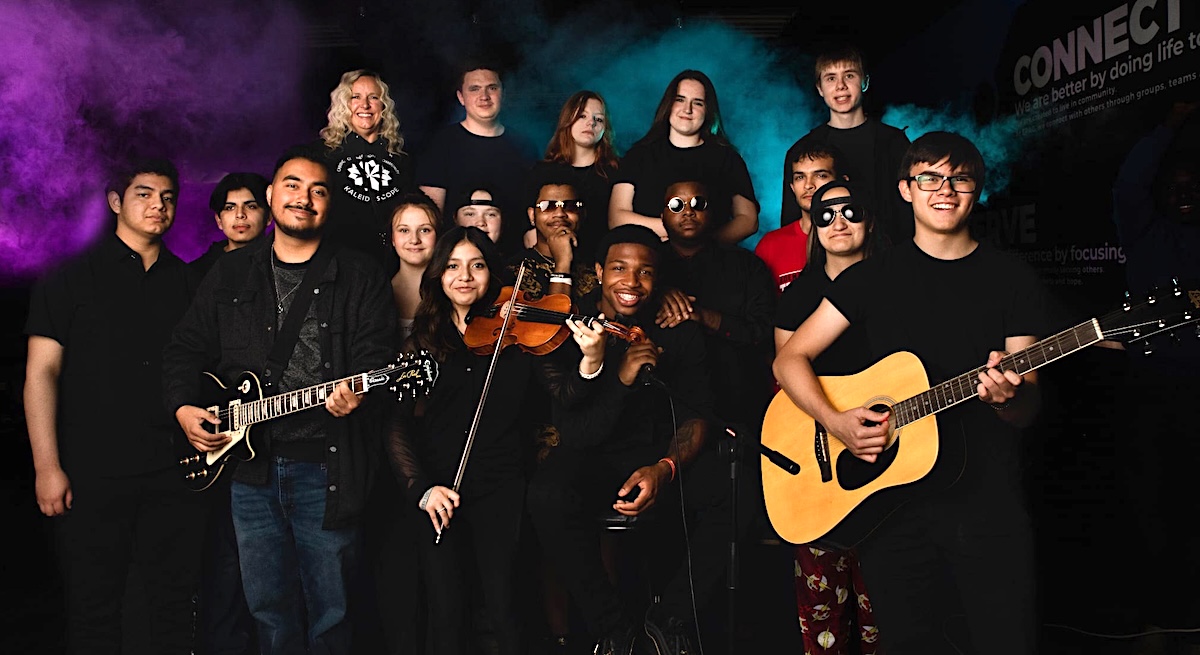 Members of Kaleidoscope Teens who helped create the “Kaleidoscope” album are, top row from left, Tammy Ryder-Harms, Dray Sharp, EmmaLee Hughes, Vikki Burdette and Will Beuning; middle row from left, Agenor Escobar, Rodrigo Morales, Alex Garcia, Lacey Price, Nikki Burdette, John Thomas, Tavis Beasley, Derek Reinhardt, Paloma Reinhardt and Noah Barnes; and front and center, Abri Escobar and James Thomas. Photo by Alicia Bluhm, Prevail/Ann Marie Photography.