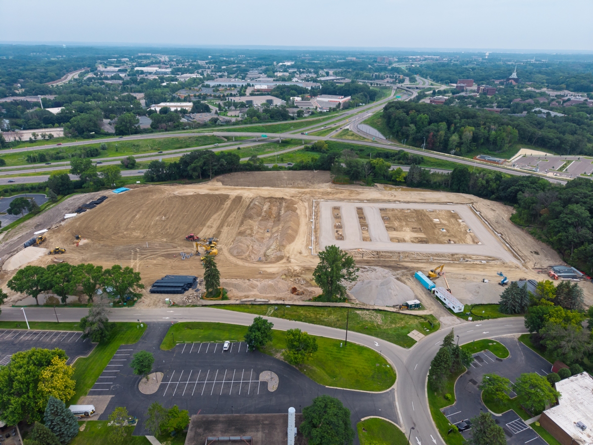 an aerial view of a construction site at Highway 212 and Highway 62 in Eden Prairie