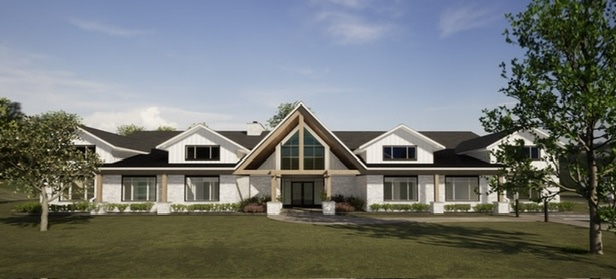 A computer rendering of a white house with wood trim.