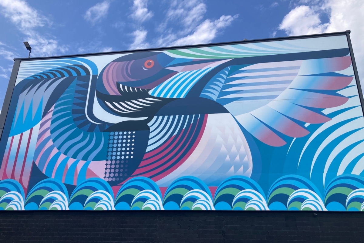 colorful mural of loon and water on side of building