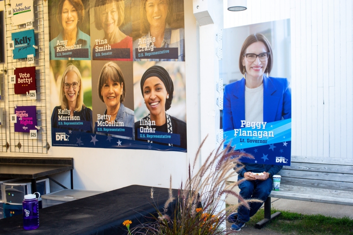 Portraits of Democratic lawmakers hang in and around the DFL tent at the Minnesota State Fair on Monday, Aug. 25, 2025, in St. Paul. Photo by Nicole Neri/Minnesota Reformer