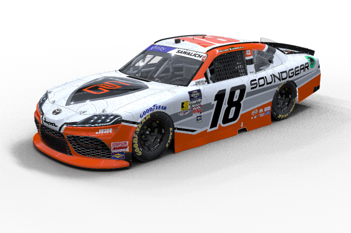 a red and white race car with number 18