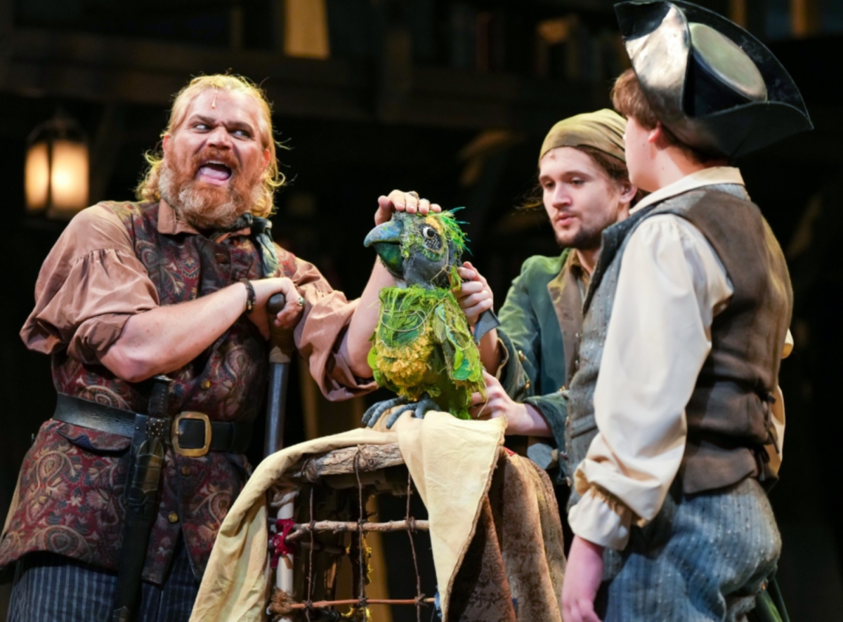 Reed Sigmund as Long John Silver, Theo Janke-Furman as John, and Truman Bednar as Jim Hawkins in Children’s Theatre Company’s “Treasure Island,” directed by Rick Dildine. (Photo by Glen Stubbe Photography)