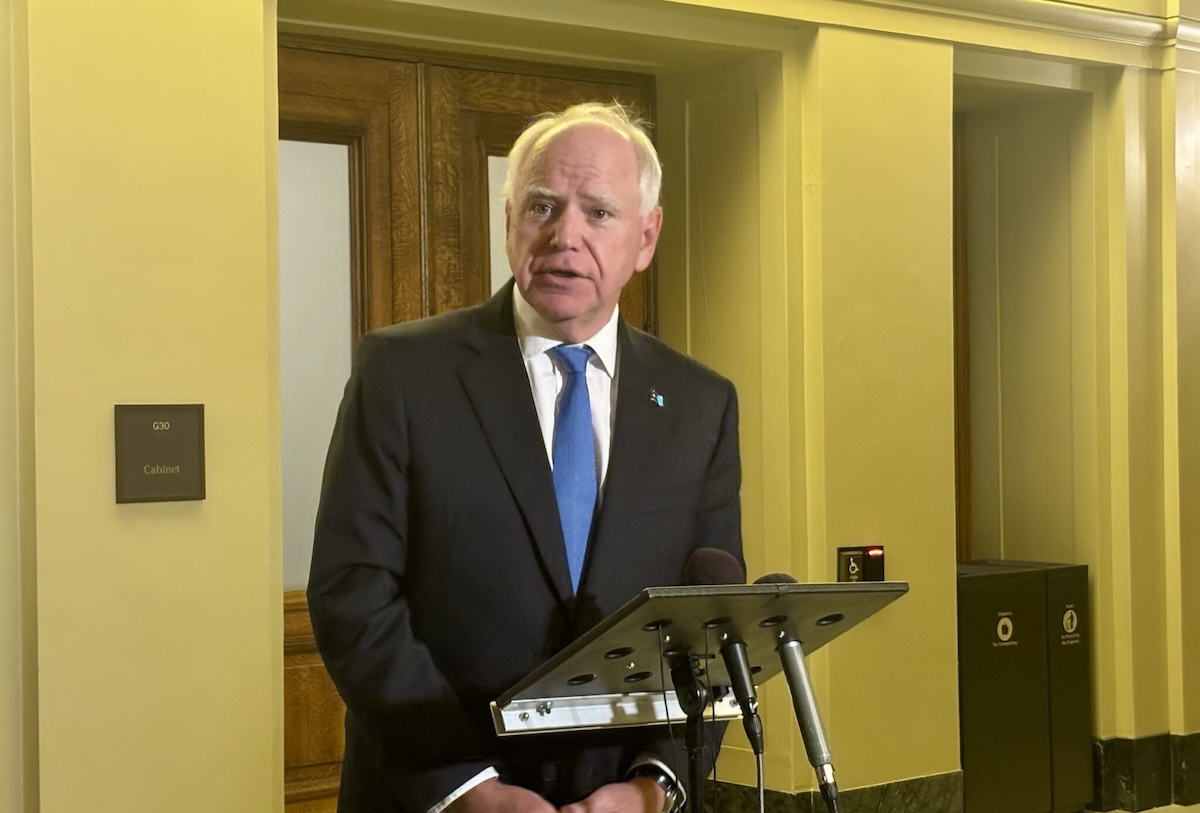 Gov. Tim Walz spoke with reporters after meeting with legislative leaders on Sept. 9, 2025.