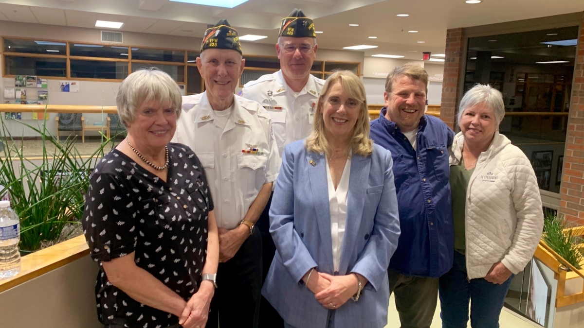 Photo of Cathy Peterka, VFW Post 425 Commander Lonnie Duff, Post Adjutant Martin Adams, EP City Council Member Lisa Toomey, Tommy and Judy Johnson posed for a photo before the September 2, 2025 Eden Prairie City Council meeting.