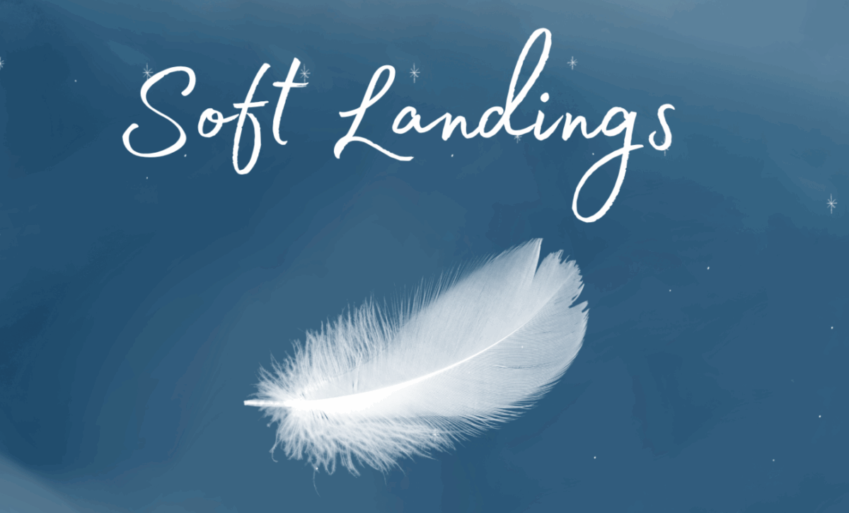 A blue background with stars. The words "Soft Landings" are on the top of the photo and a white feather is below it.