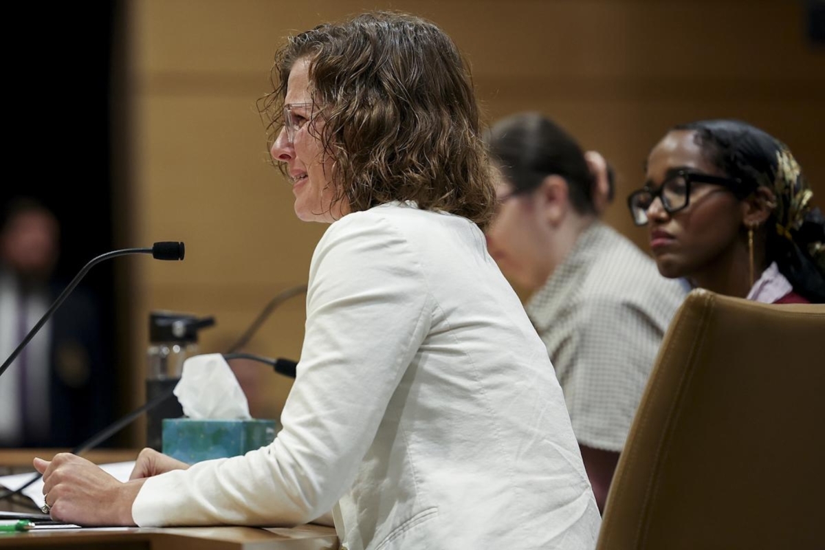 Carla Maldonado, mother of two children who survived the shooting at Annunciation Catholic Church and School, gives public testimony at the Minnesota Senate Building on Monday, Sept. 15, 2025, in St. Paul. “There’s one thing that kept more kids from dying on Aug. 27 and it wasn’t a law or a policy. It was church pews,” said Maldonado.Photo by Ellen Schmidt/MinnPost/CatchLight Local/Report for America