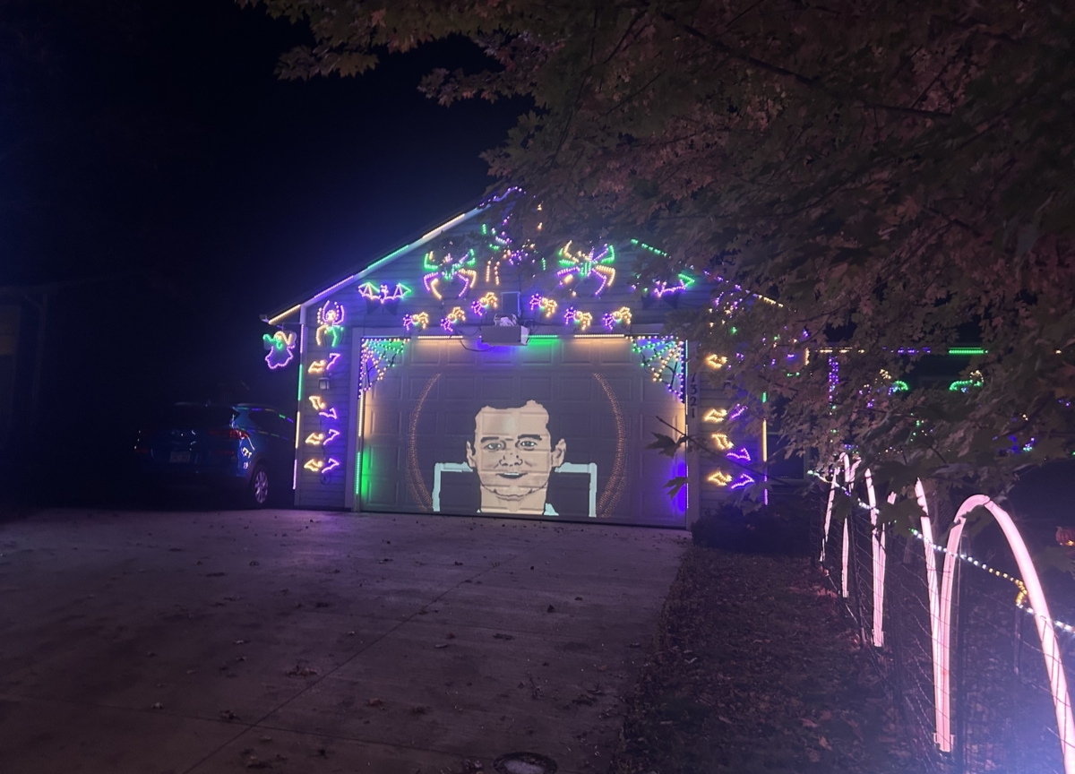 A house covered in light up spiders and bats glows in the darkness.