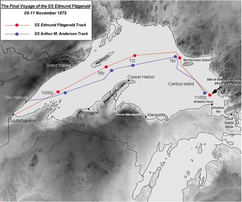 Map showing the final routes of the SS Edmund Fitzgerald (red) and SS Arthur M. Anderson (blue) through Lake Superior in 1975. (USA TODAY Network via Reuters Connect)