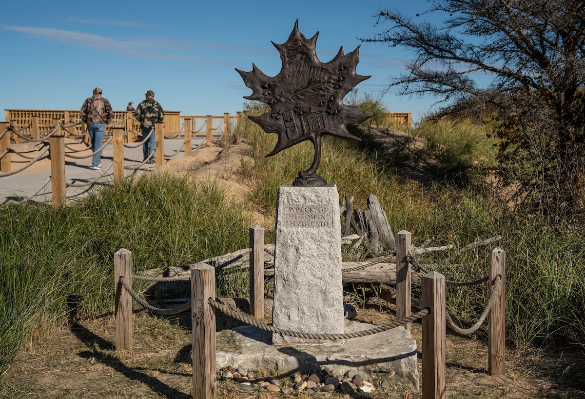 A bronze leaf sits on display as a memorial for those lost on the SS Edmund Fitzgerald near the shoreline of Lake Superior outside the Great Lakes Shipwreck Museum at Whitefish Point in Paradise, Michigan, on Thursday, Oct. 30, 2025. Source: USA TODAY Network via Reuters Connect
